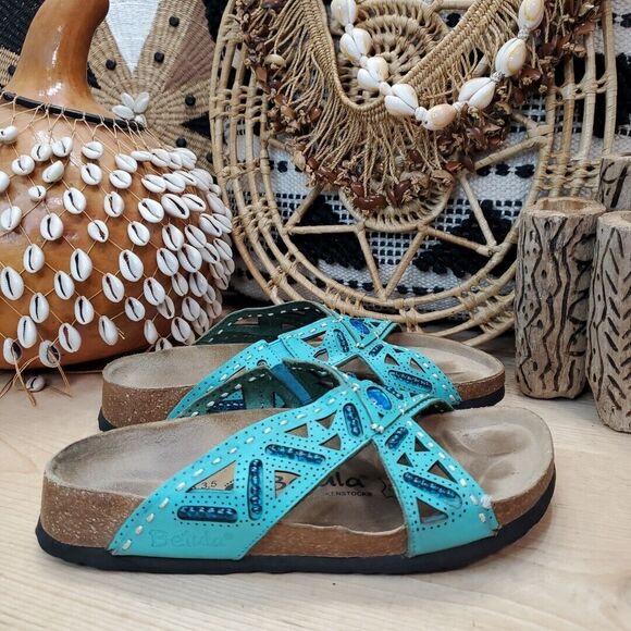 Betula by Birkestock Womens 5/EU 36 Joyce Leather Beaded Turqouise EVA Sole Boho - Picture 1 of 14